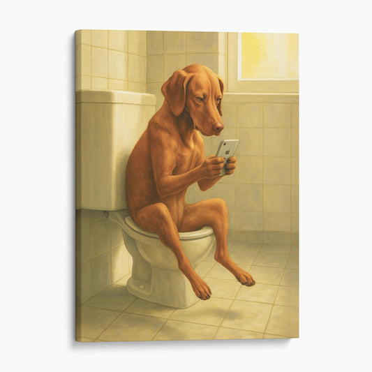 Vizsla Dog On The Phone On The Toilet