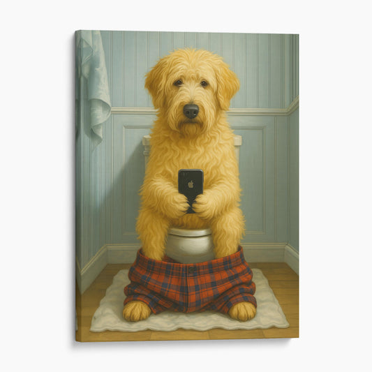 Soft Coated Wheaten Terrier Dog On The Phone On The Toilet