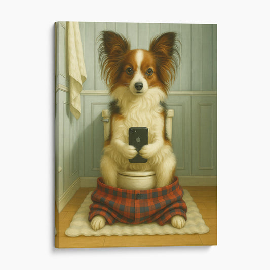Papillon Dog On The Phone On The Toilet