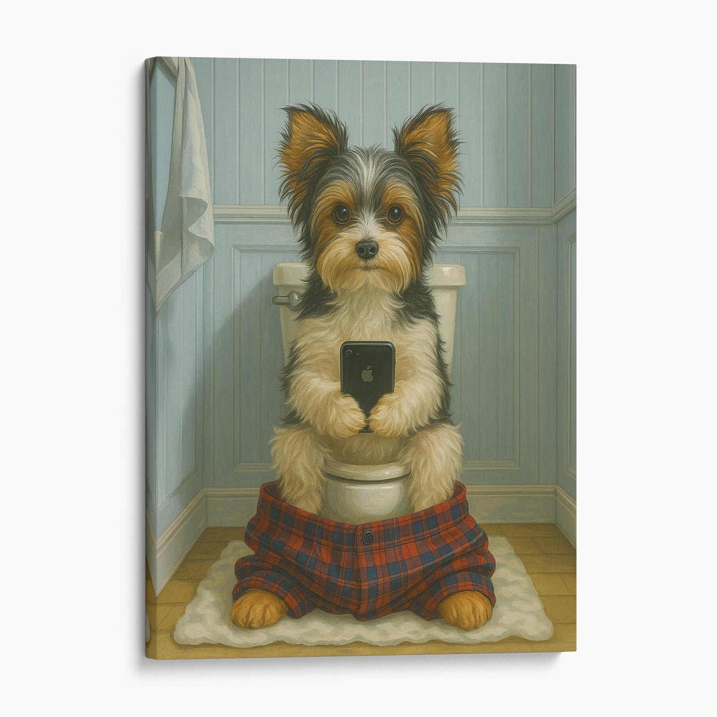 Biewer Terrier Dog On The Phone On The Toilet