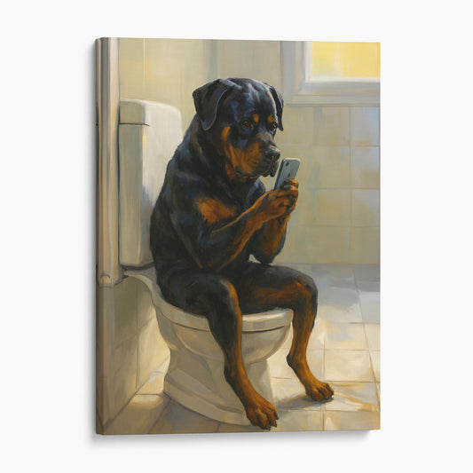 Rottweiler Dog On The Phone On The Toilet