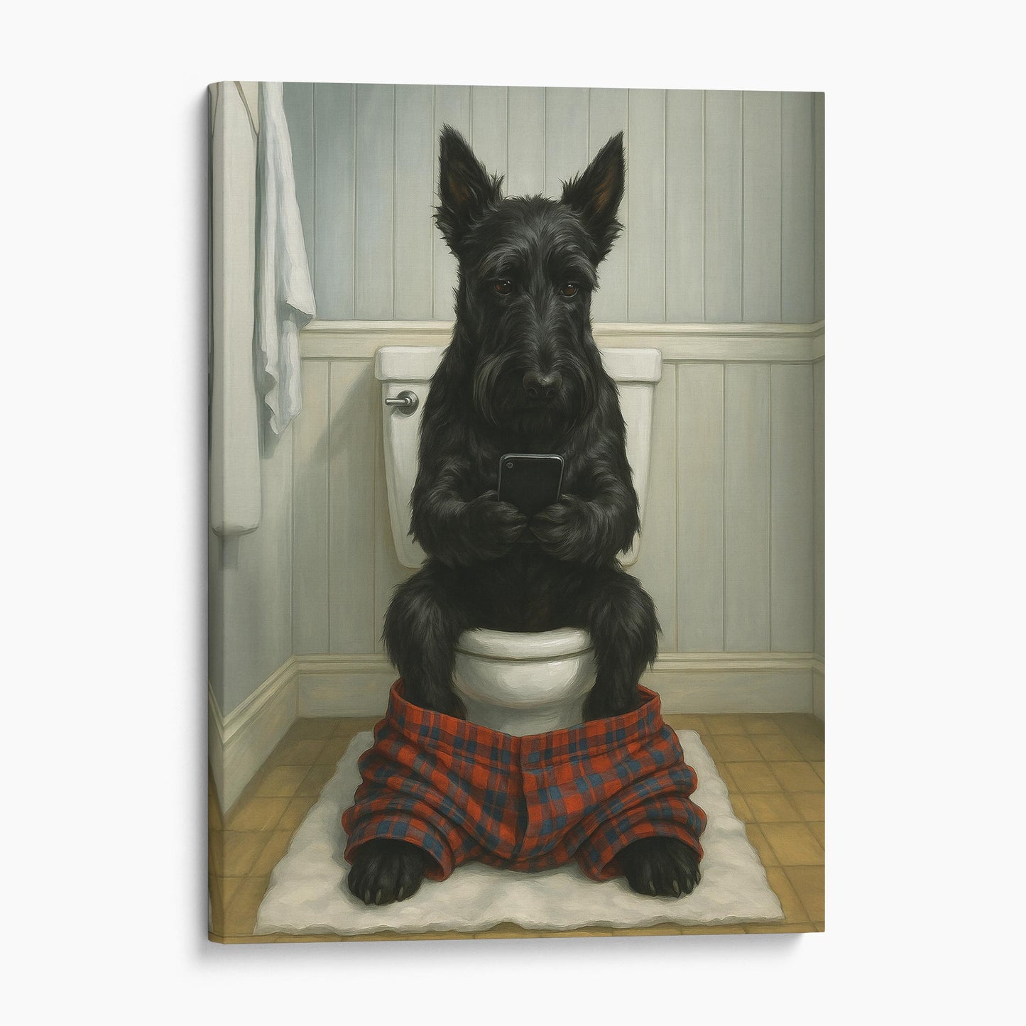Scottish Terrier Dog On The Phone On The Toilet
