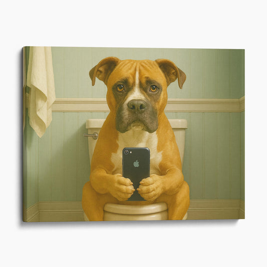 Boxer Dog On The Phone On The Toilet