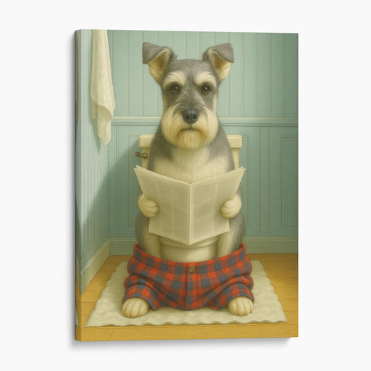 Schnauzer Dog Reading The Newspaper On The Toilet
