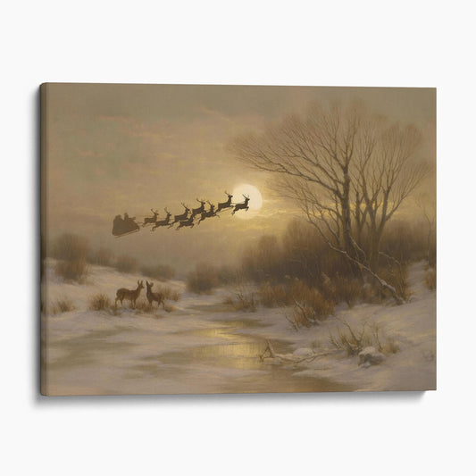 Santa Claus Flying Over Snowy Landscape