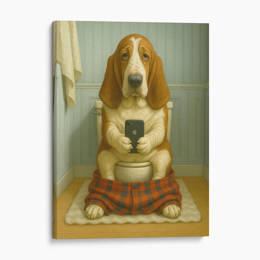 Basset Hound Dog On The Phone On The Toilet