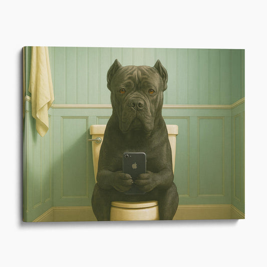Cane Corso Dog On The Phone On The Toilet