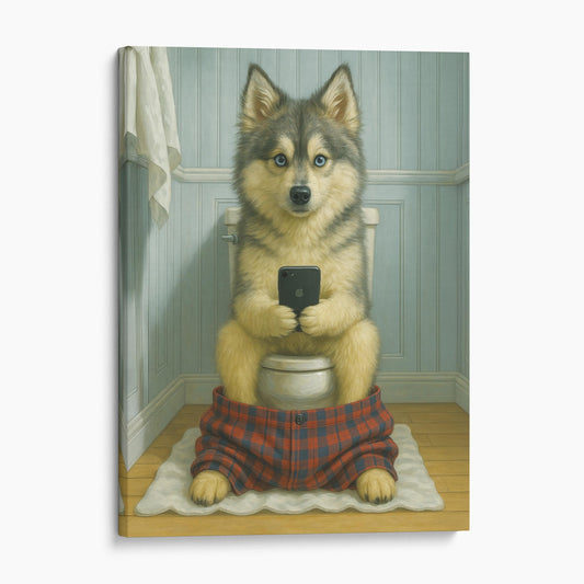 Pomsky Dog On The Phone On The Toilet