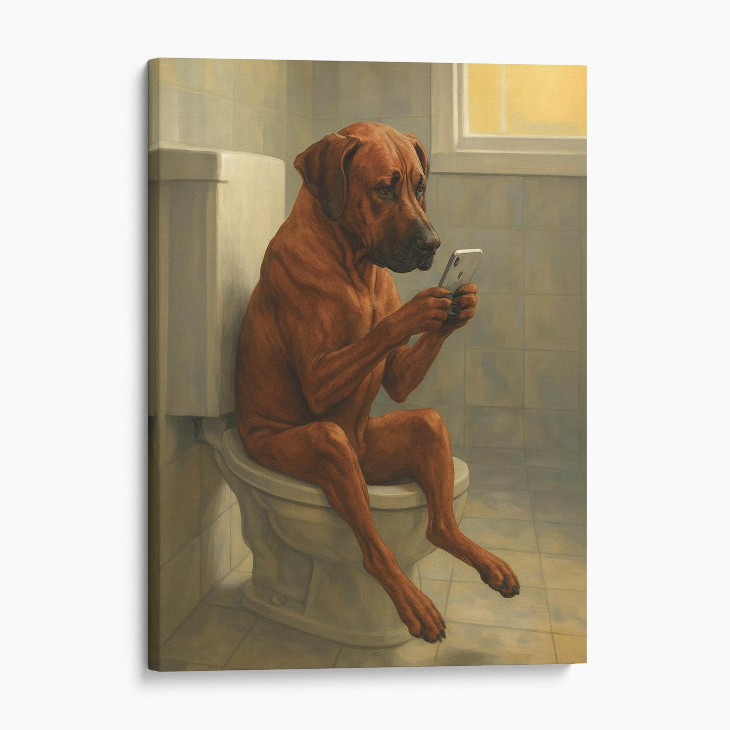 Rhodesian Ridgeback On The Phone On The Toilet