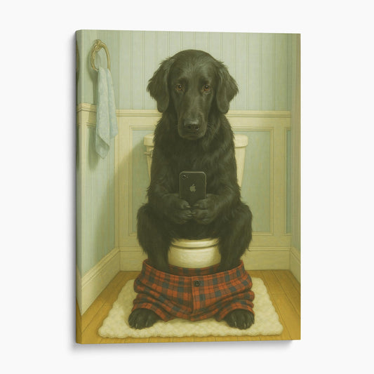 Flat-coated Retriever Dog On The Phone On The Toilet