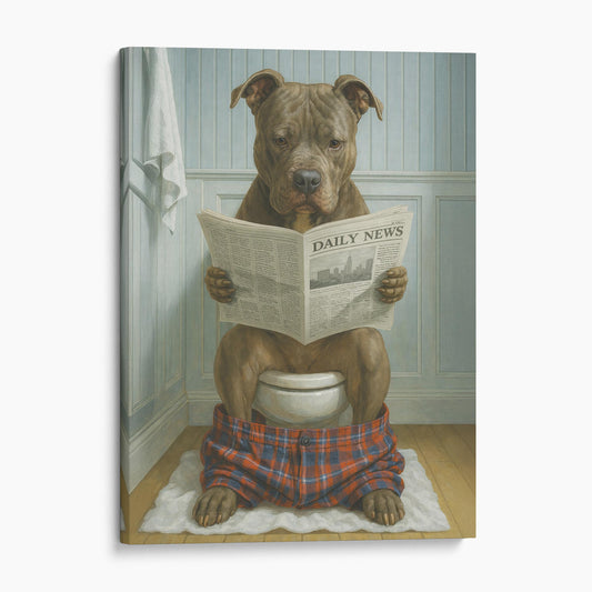 Pit Bull Terrier Reading The Newspaper On The Toilet
