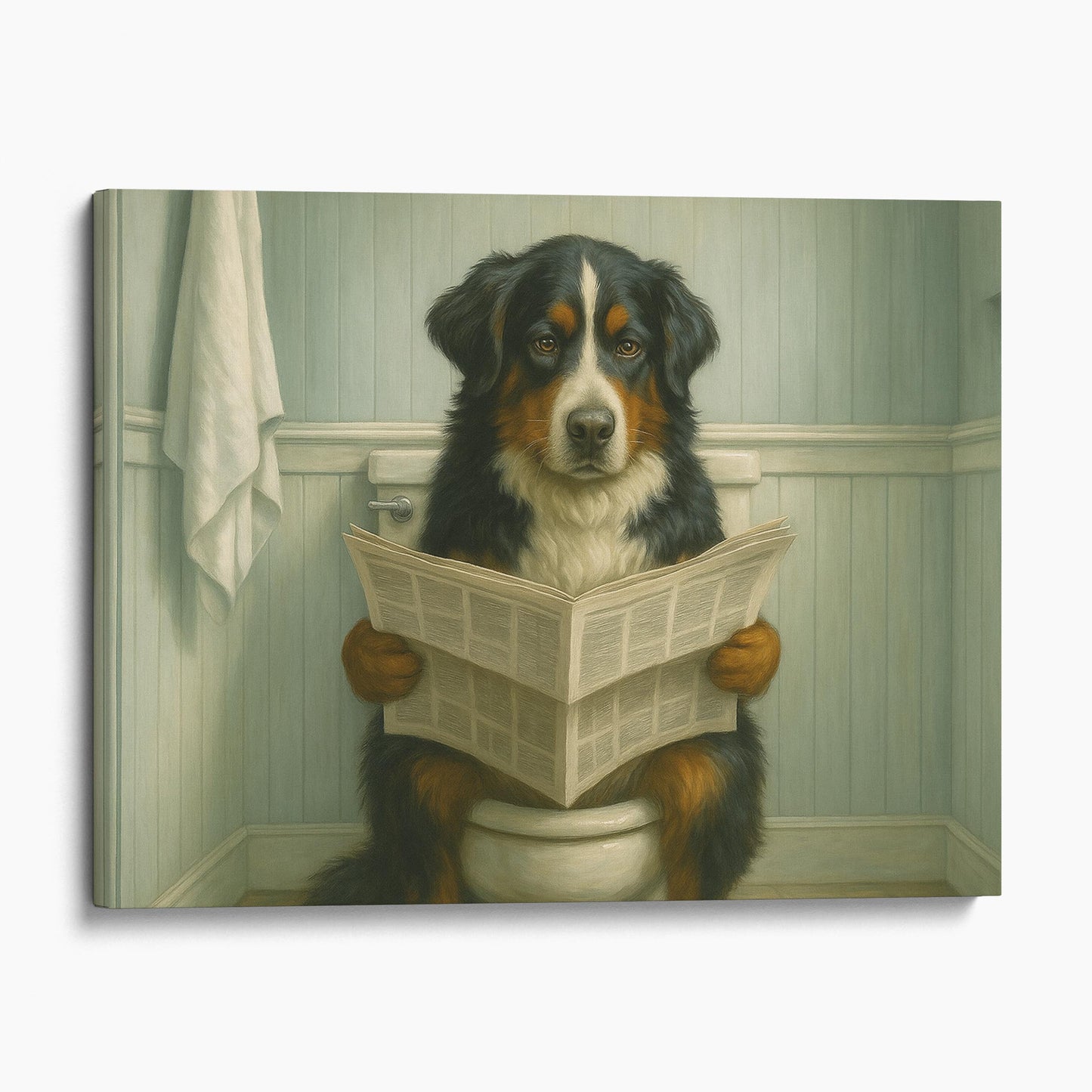 Bernese Mountain Dog Reading The Newspaper On The Toilet