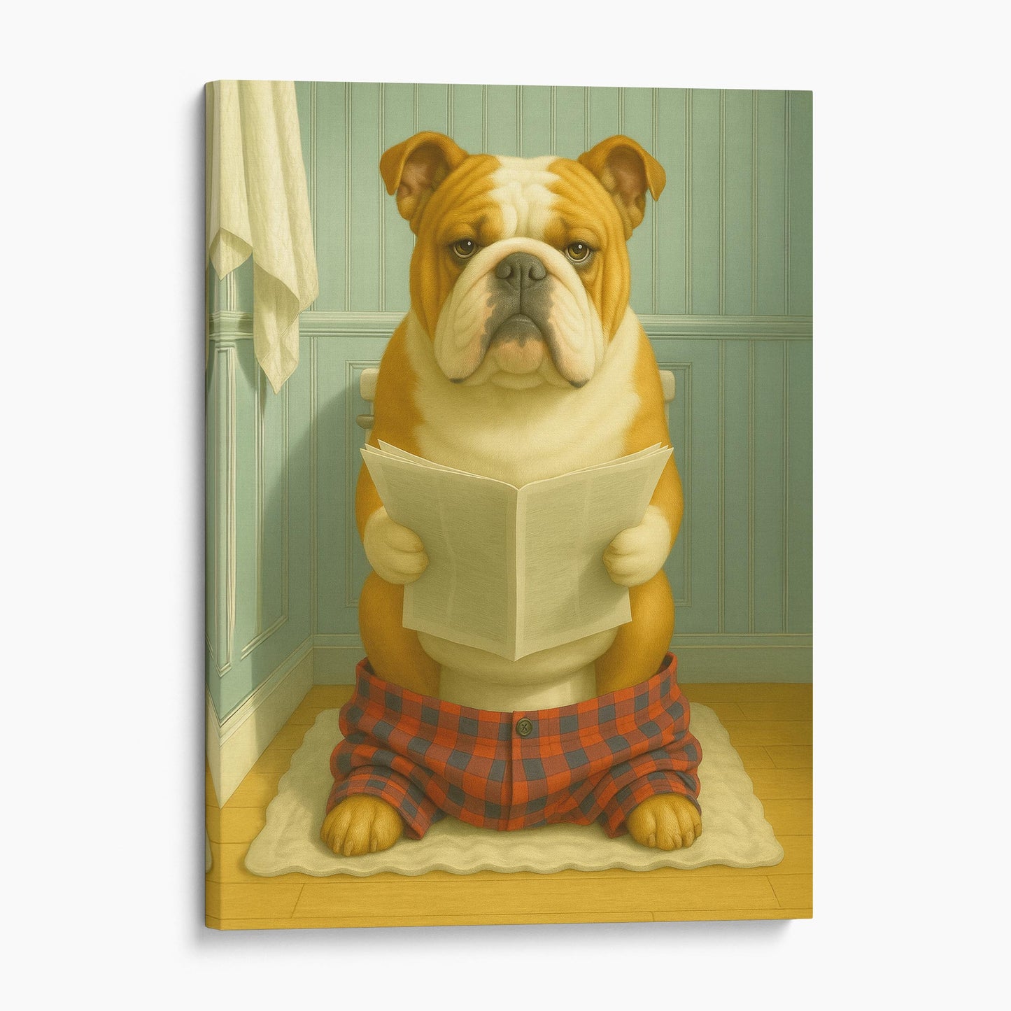 Bulldog Reading The Newspaper On The Toilet