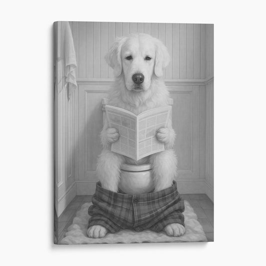 English Cream Golden Retriever Reading The Newspaper On The Toilet