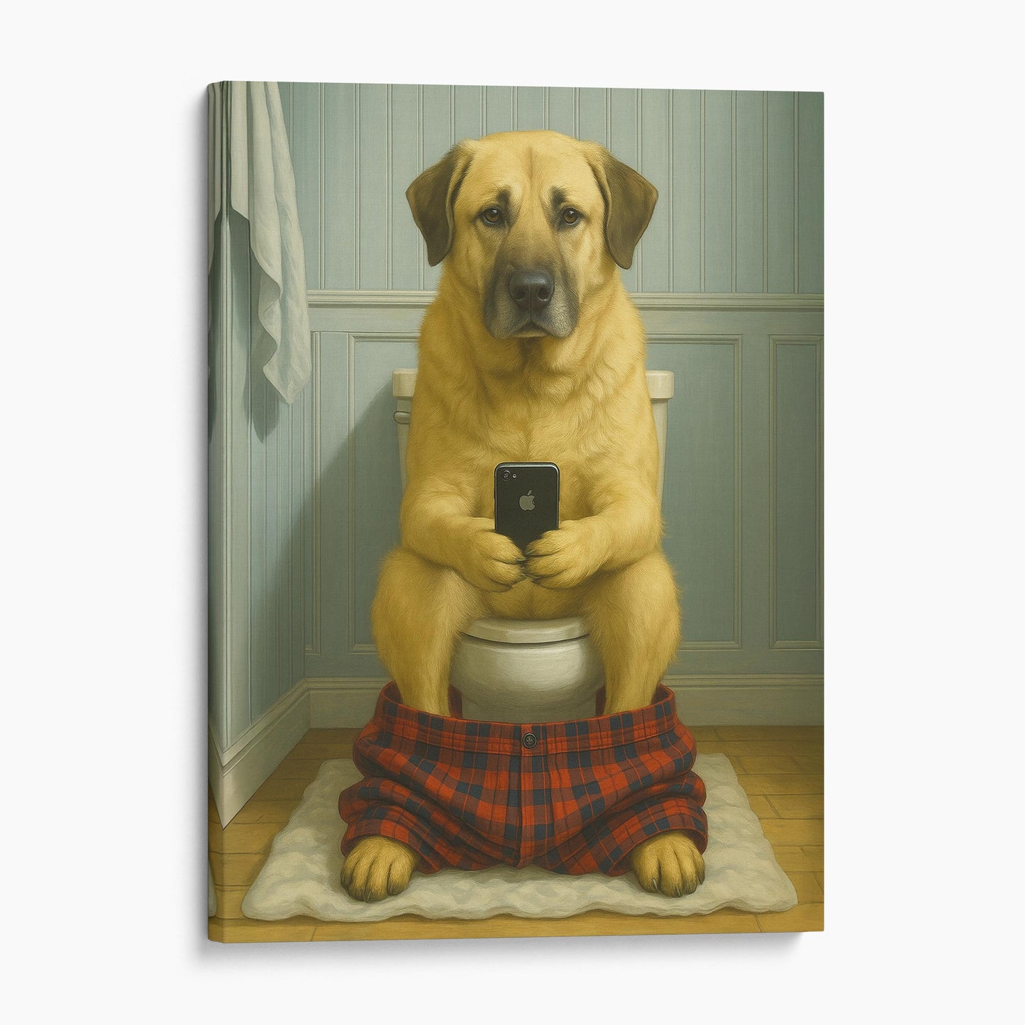Anatolian Shepherd Dog On The Phone On The Toilet
