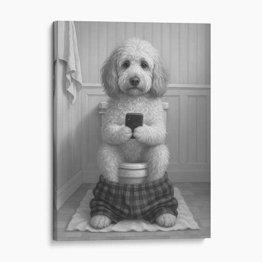 Labradoodle Dog On The Phone On The Toilet