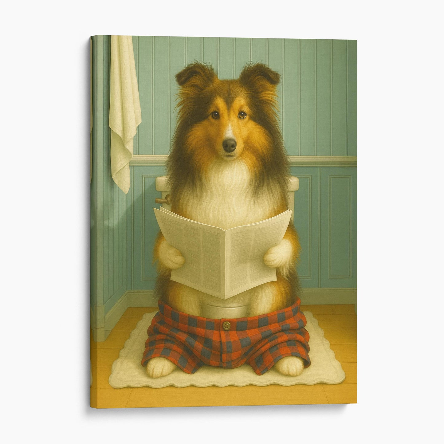 Shetland Sheepdog Reading The Newspaper On The Toilet