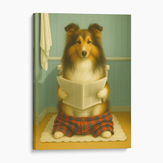 Shetland Sheepdog Reading The Newspaper On The Toilet