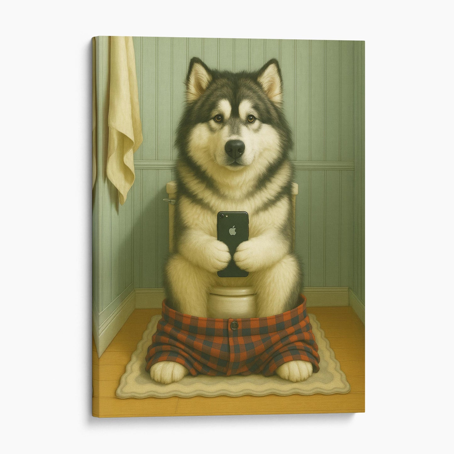 Alaskan Malamute On The Phone On The Toilet