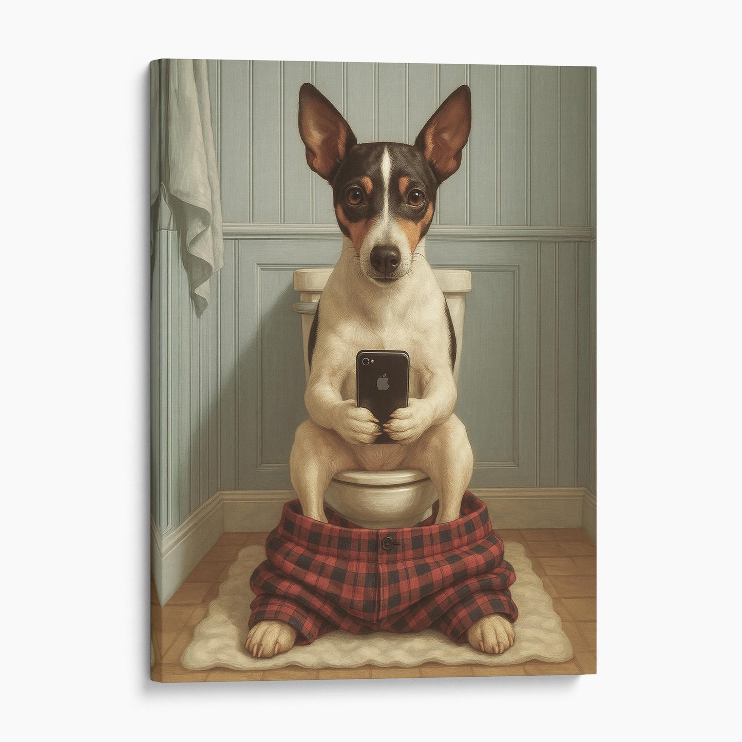 Rat Terrier Dog On The Phone On The Toilet