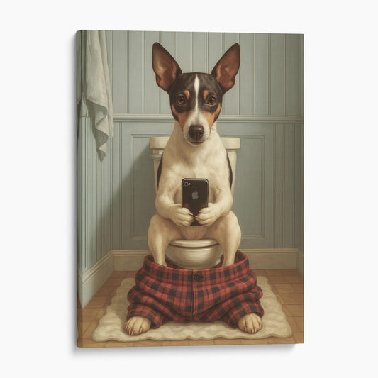 Rat Terrier Dog On The Phone On The Toilet