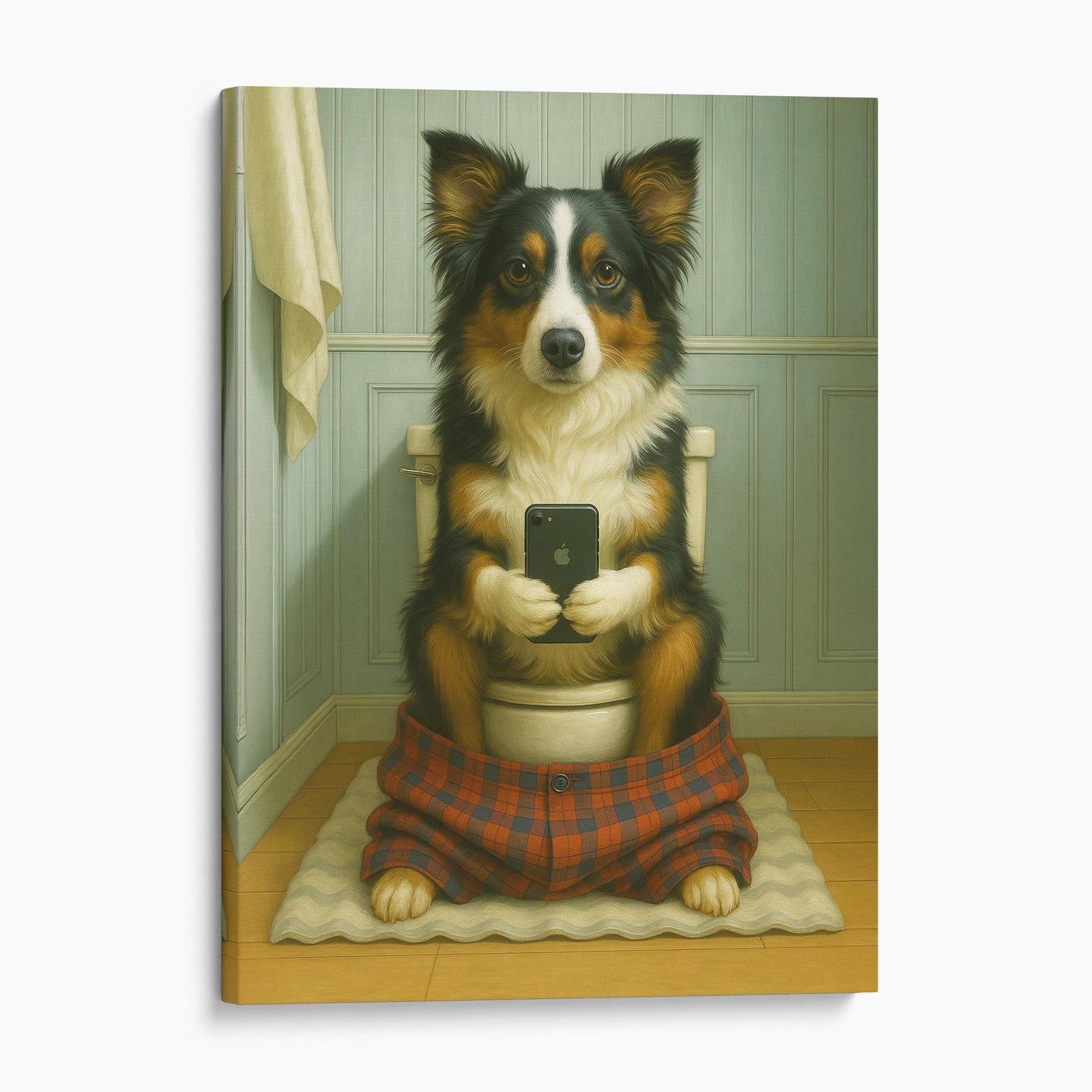 Miniature American Shepherd Dog On The Phone On The Toilet