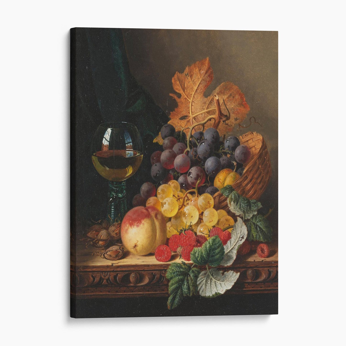 A Still Life of Black Grapes, a Peach, a Plum, Hazelnuts, a Metal Casket and a Wine Glass on a Carved Wooden Ledge - Edward Ladell