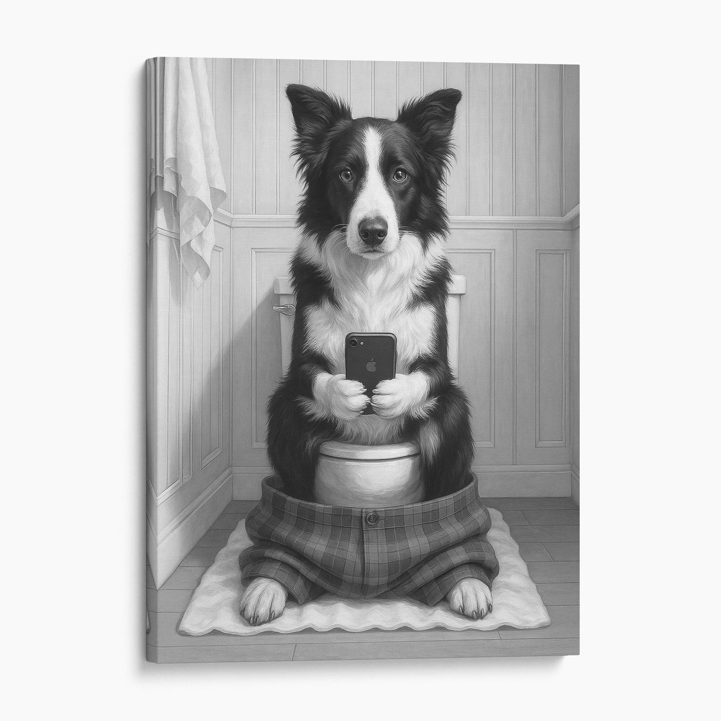 Border Collie Dog On The Phone On The Toilet