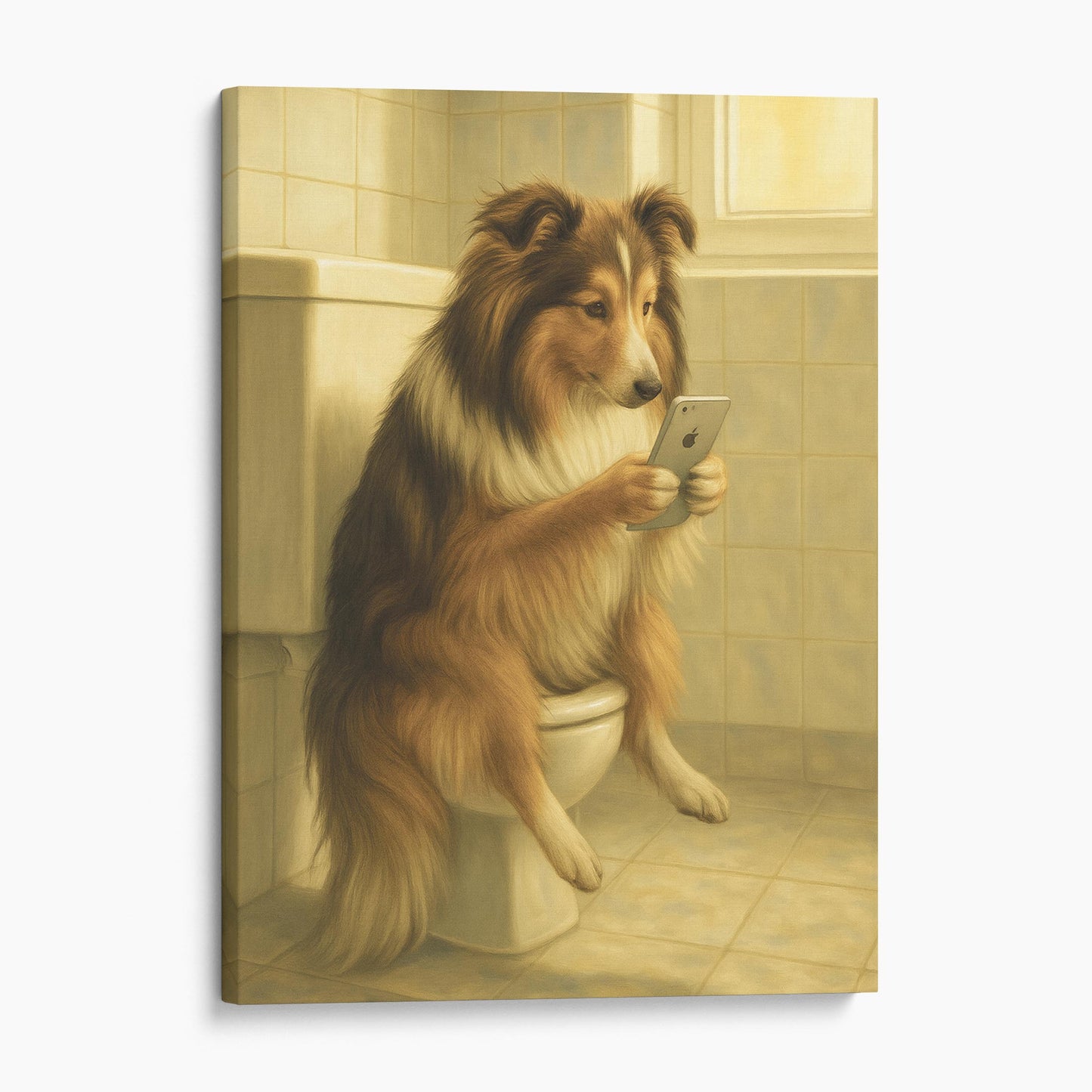 Shetland Sheepdog On The Phone On The Toilet