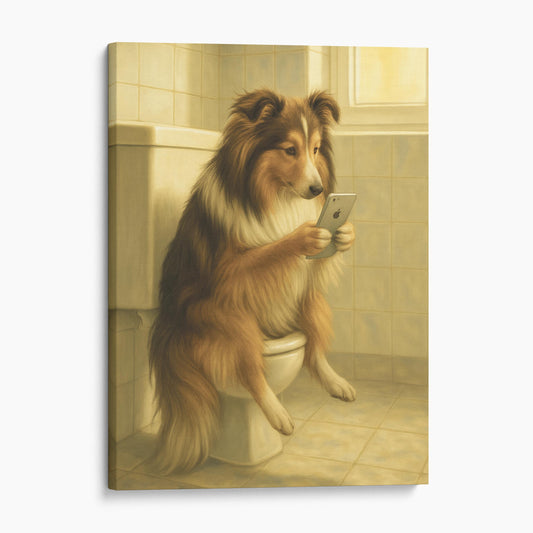 Shetland Sheepdog On The Phone On The Toilet