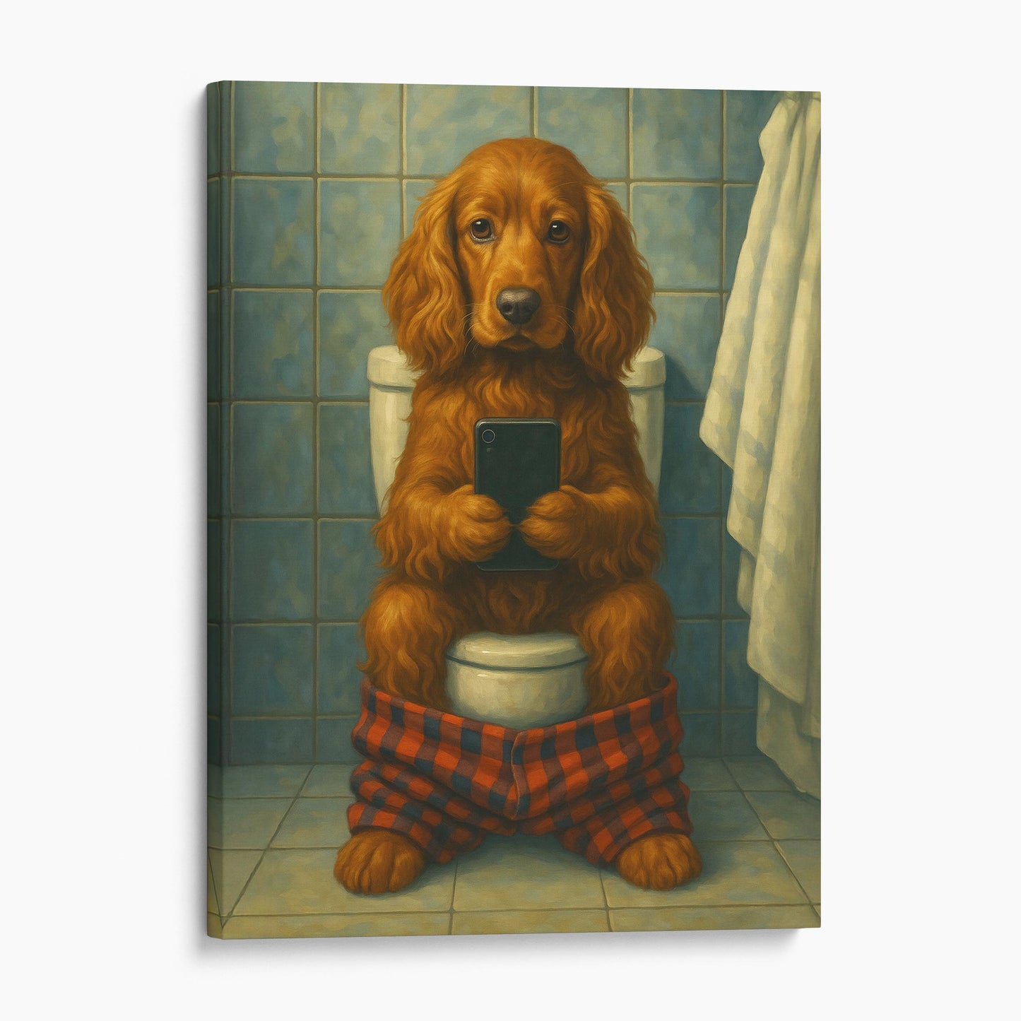 Cocker Spaniel Dog On The Phone On The Toilet