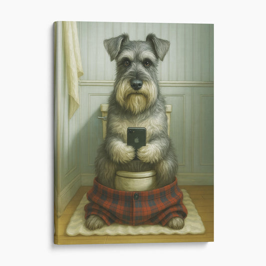 Schnauzer Dog On The Phone On The Toilet