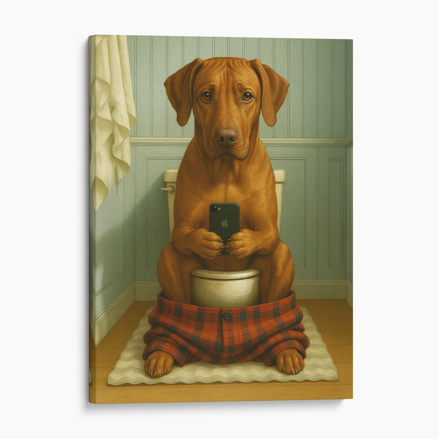 Rhodesian Ridgeback Dog On The Phone On The Toilet