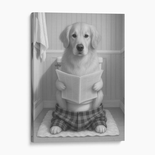 Golden Retriever Dog Reading The Newspaper On The Toilet