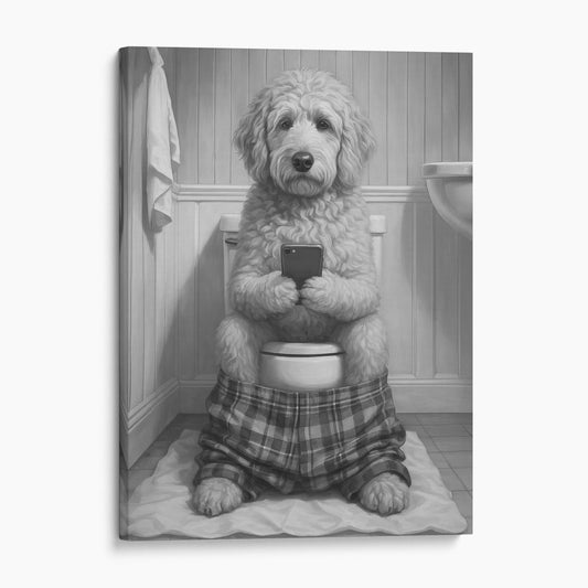 Golden Doodle Dog On The Phone On The Toilet