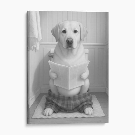 Yellow Labrador Retriever Dog Reading The Newspaper On The Toilet