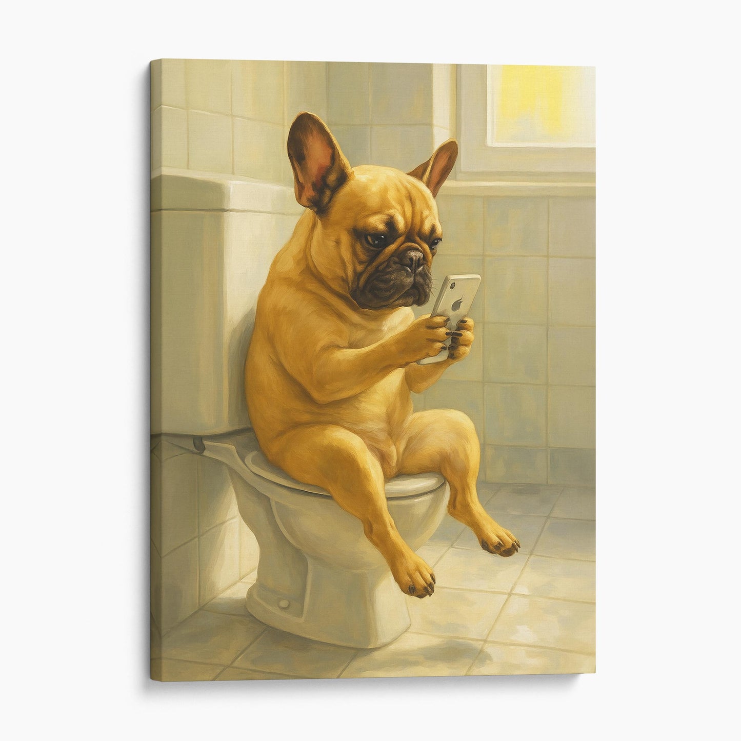 French Bulldog On The Phone On The Toilet