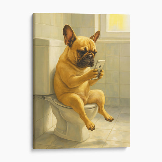 French Bulldog On The Phone On The Toilet