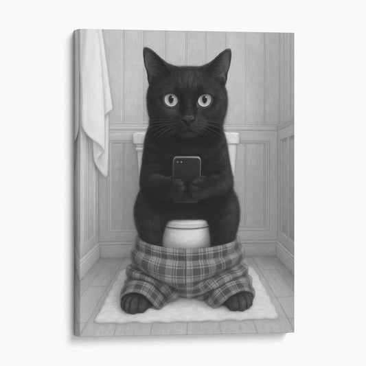 Black Cat On The Phone On The Toilet