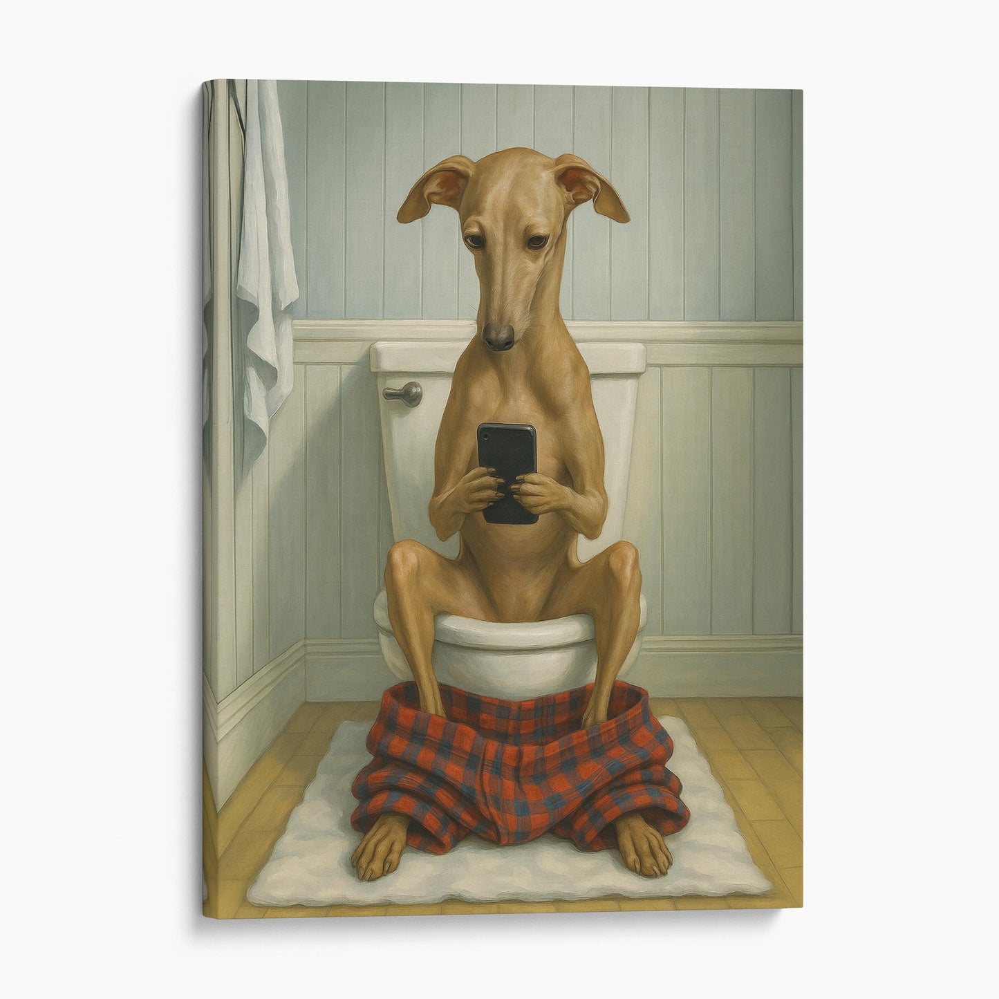 Italian Greyhound Dog On The Phone On The Toilet