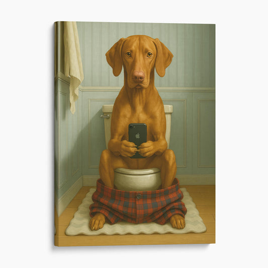 Vizsla Dog On The Phone On The Toilet