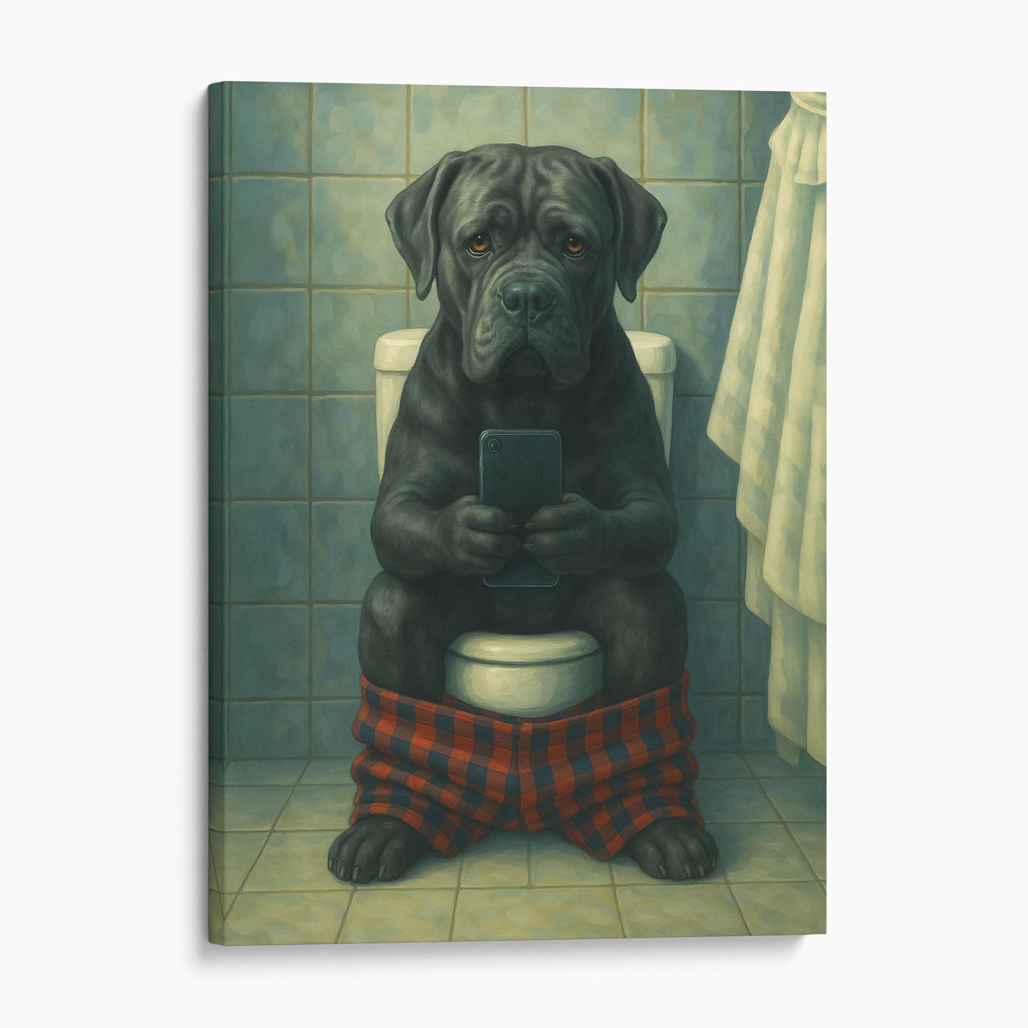 Cane Corso Dog On The Phone On The Toilet