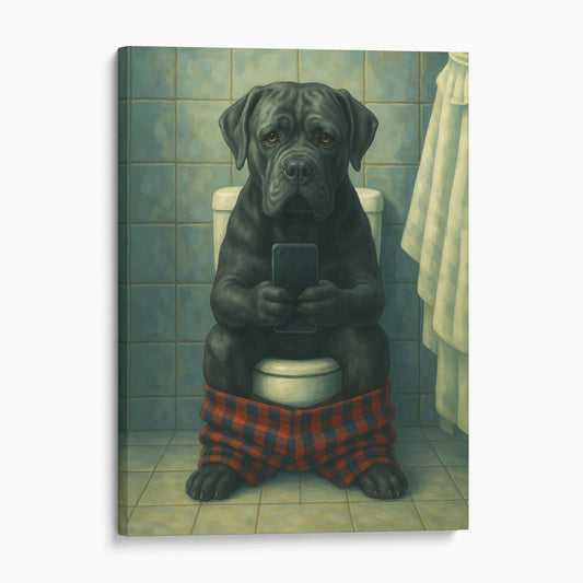 Cane Corso Dog On The Phone On The Toilet
