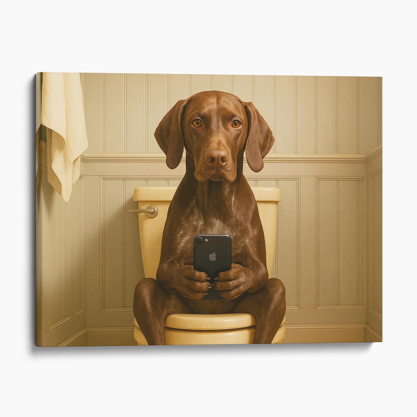 German Short Haired Pointer Dog On The Phone On The Toilet