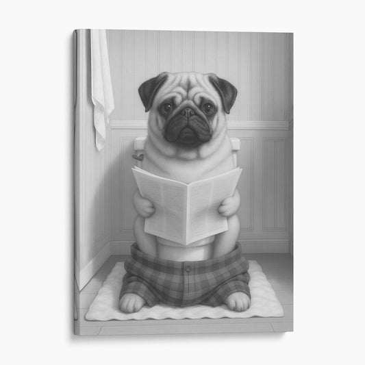 Pug Dog Reading The Newspaper On The Toilet