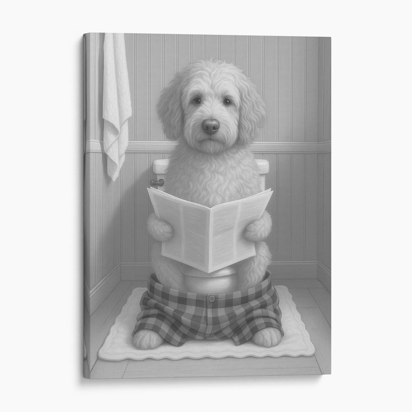 Labradoodle Dog Reading The Newspaper On The Toilet