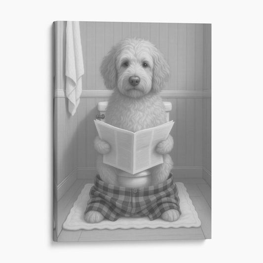 Labradoodle Dog Reading The Newspaper On The Toilet