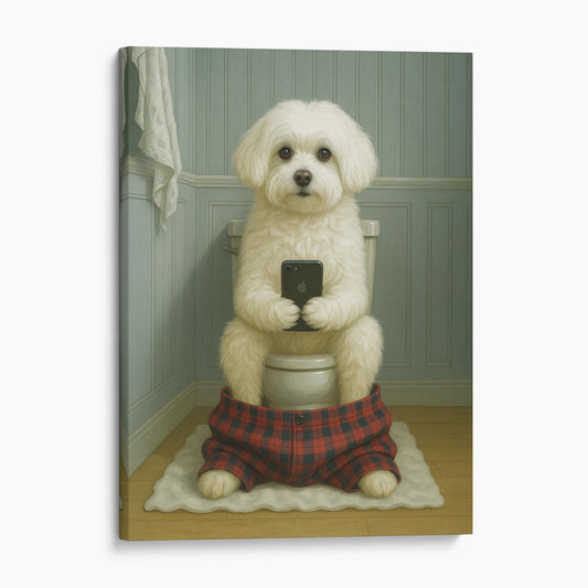Maltese Dog On The Phone On The Toilet