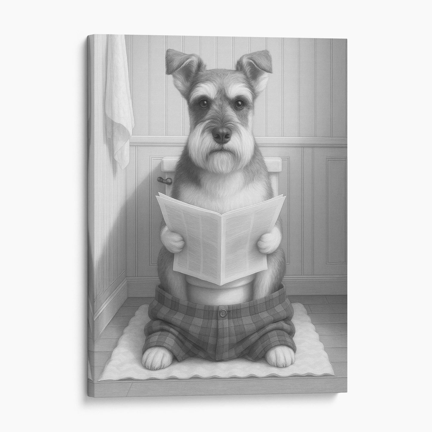 Schnauzer Dog Reading The Newspaper On The Toilet