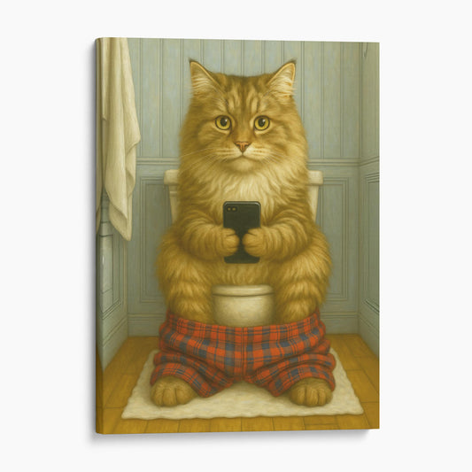 Siberian Cat On The Phone On The Toilet